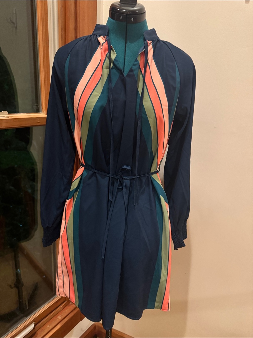 Navy Long-Sleeve Stripe Tie-Waist  Dress